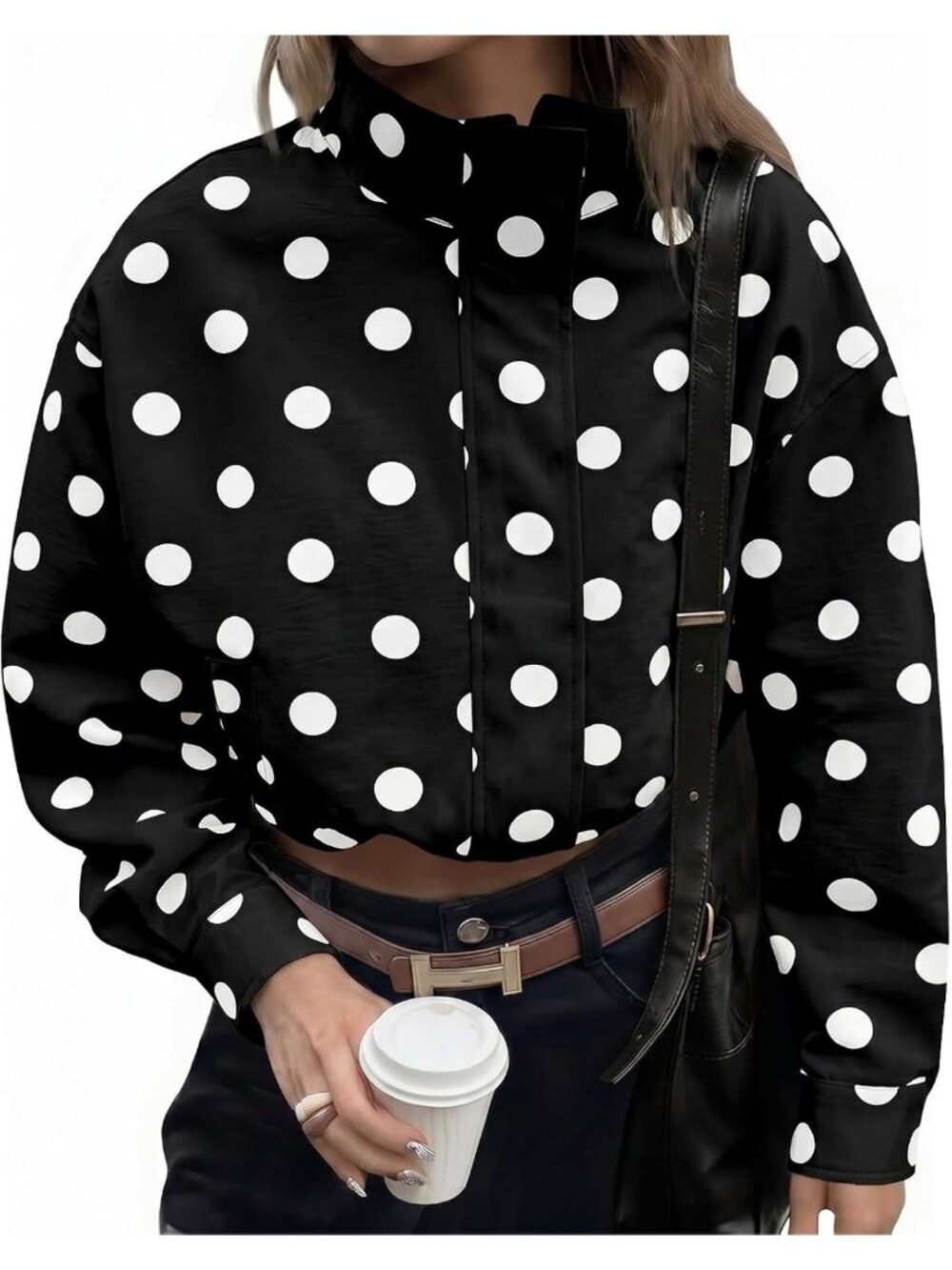 Womens Black White Polka Dot Lightweight Lapel Collar Coat ZIP Up Cropped Jacket